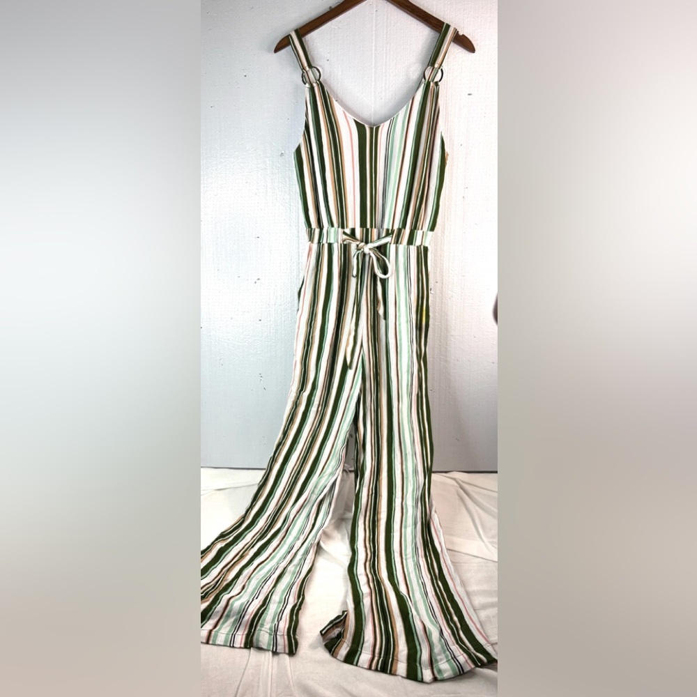 Derek Heart L Striped Jumpsuit O-Ring Straps Wide Leg Pocketed Jumpsuit in Green - Picture 1 of 11